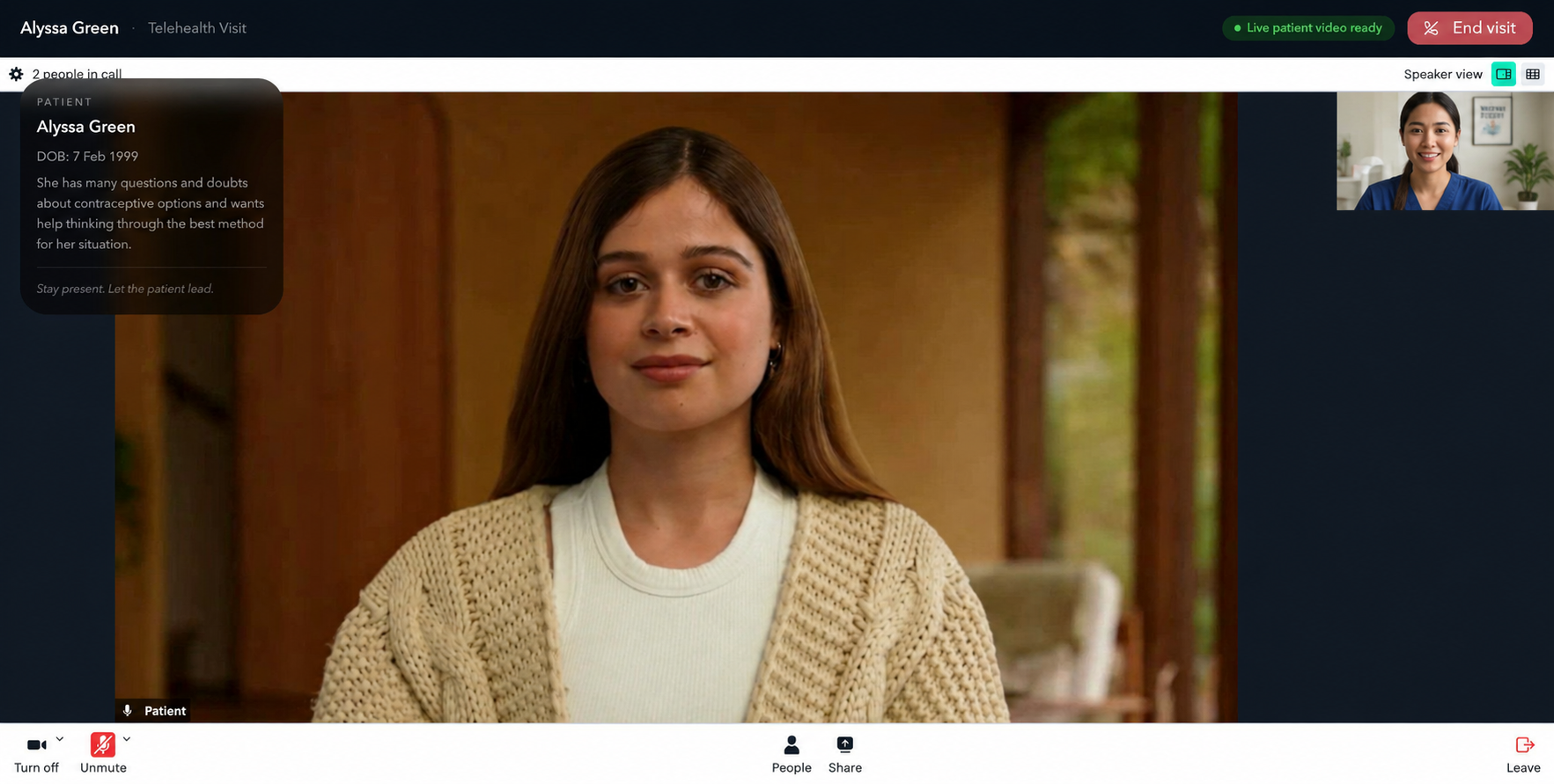 A nursing student in a live telehealth encounter with an AI patient named Alyssa Green.